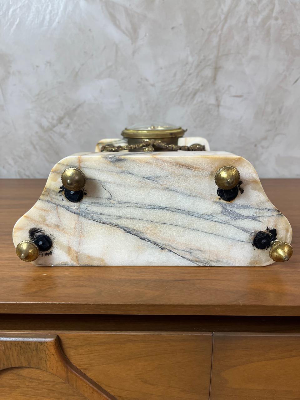 20th century French Louis XVI Marble and Gilded Bronze Mantel Clock, 1940s For Sale 14