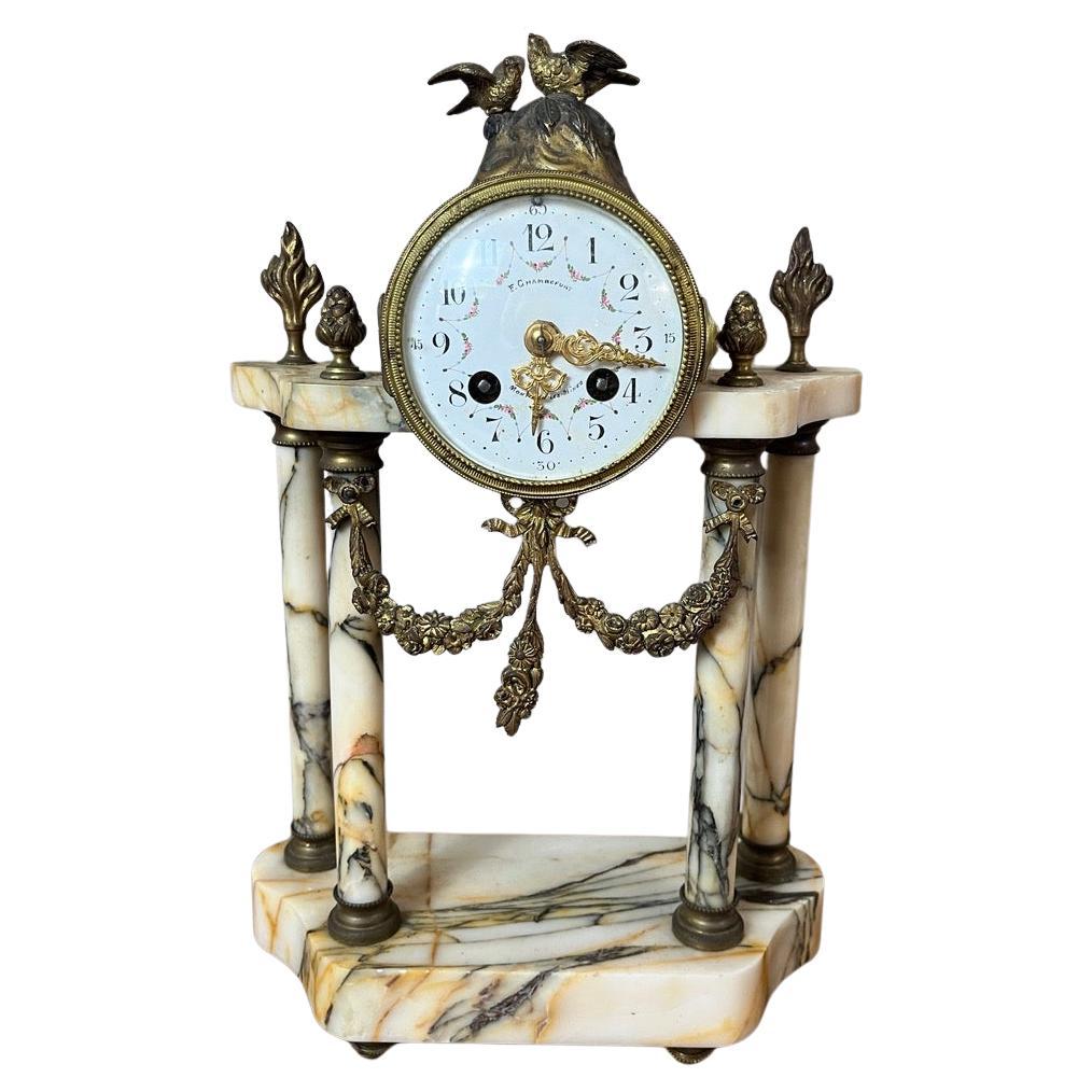 20th century French Louis XVI Marble and Gilded Bronze Mantel Clock, 1940s For Sale