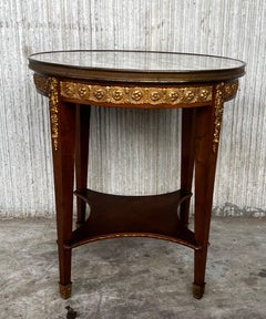 20th Century French Louis XVI Style Bronze, Round Marble & Oak Side Table