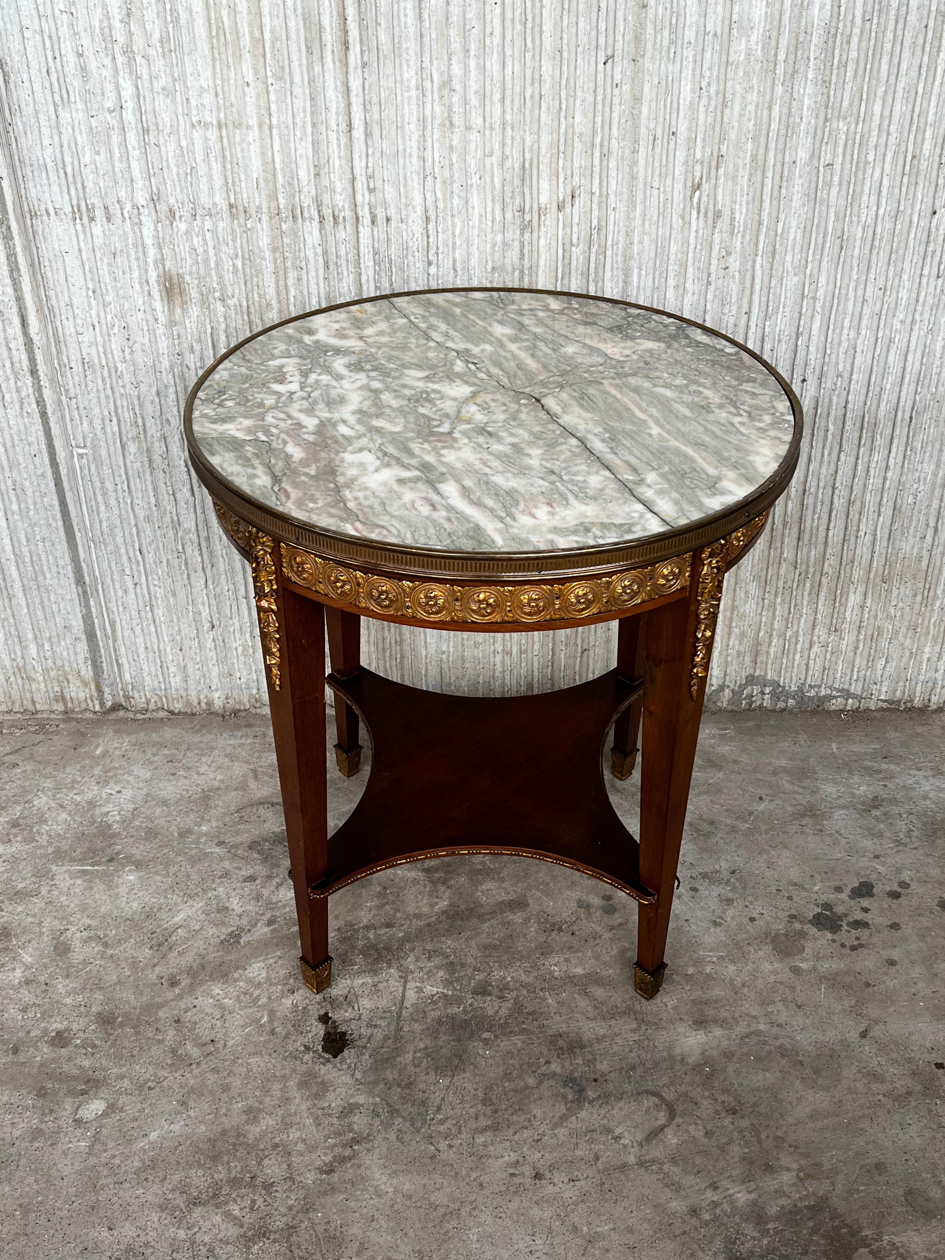 20th Century French Louis XVI Style Bronze, Round Marble & Oak Side Table For Sale 1