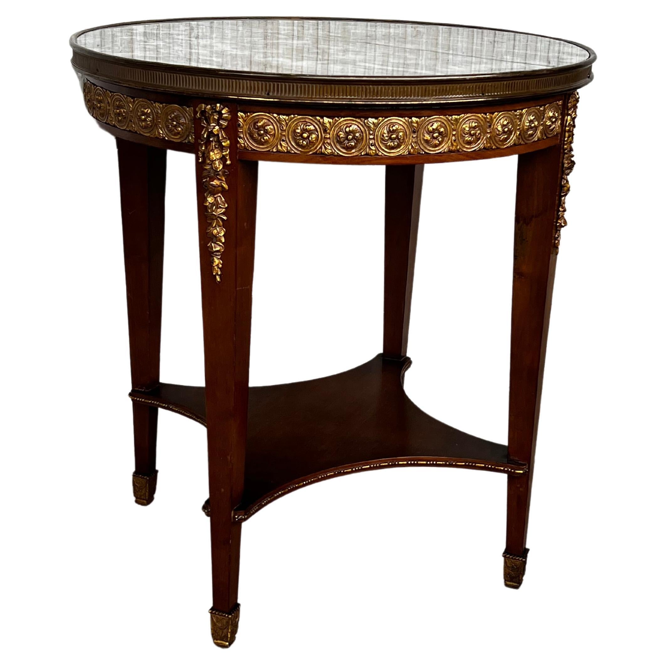 20th Century French Louis XVI Style Bronze, Round Marble & Oak Side Table For Sale