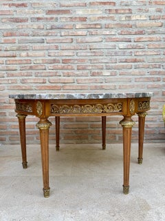 20th Century French Louis XVI Style Bronze, Round Marble & Oak Table