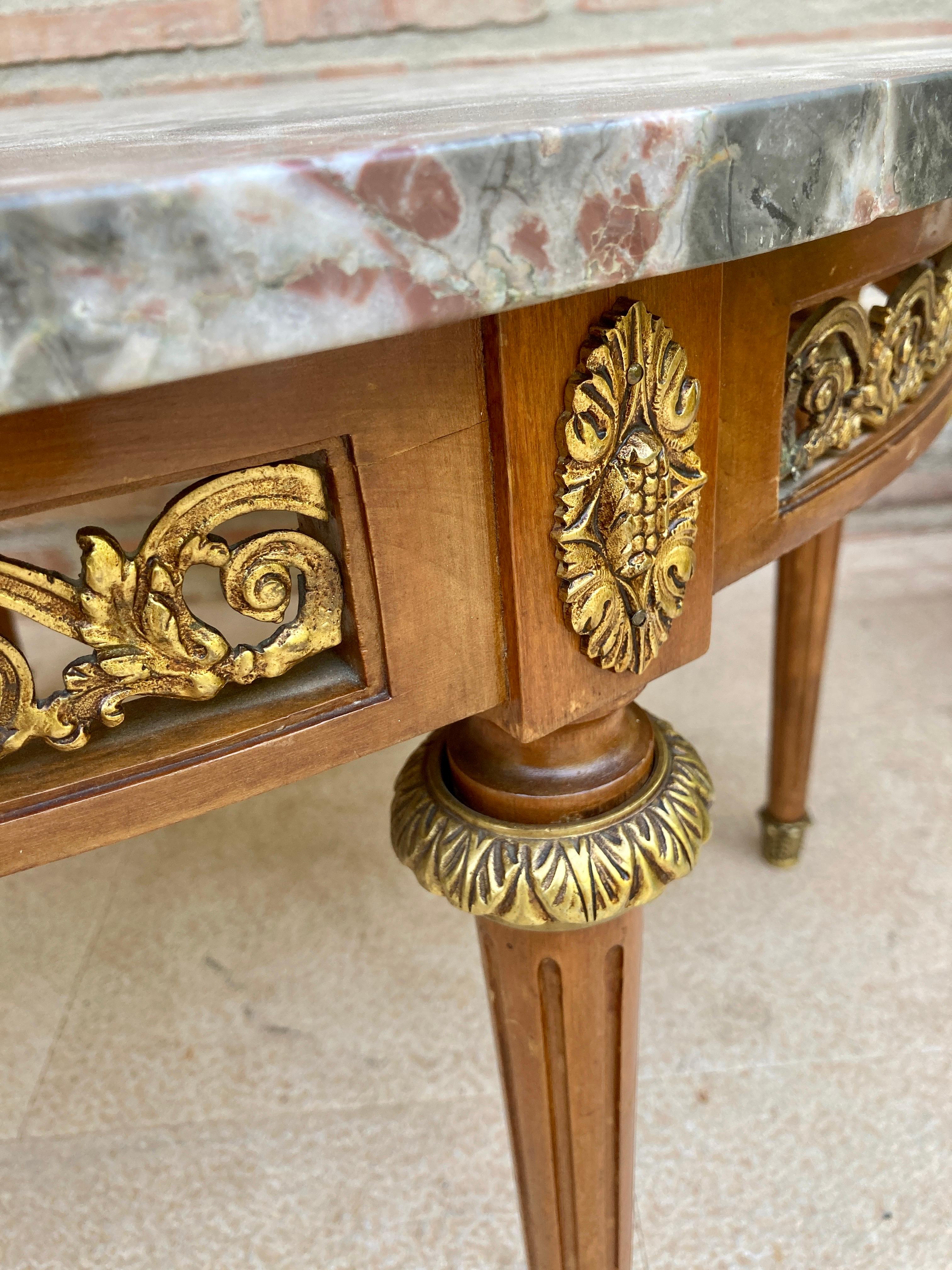 20th Century French Louis XVI Style Bronze, Round Marble & Oak Table For Sale 2