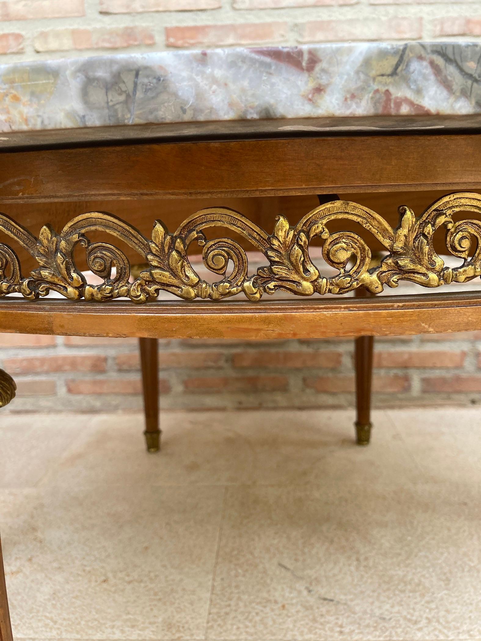 20th Century French Louis XVI Style Bronze, Round Marble & Oak Table For Sale 3