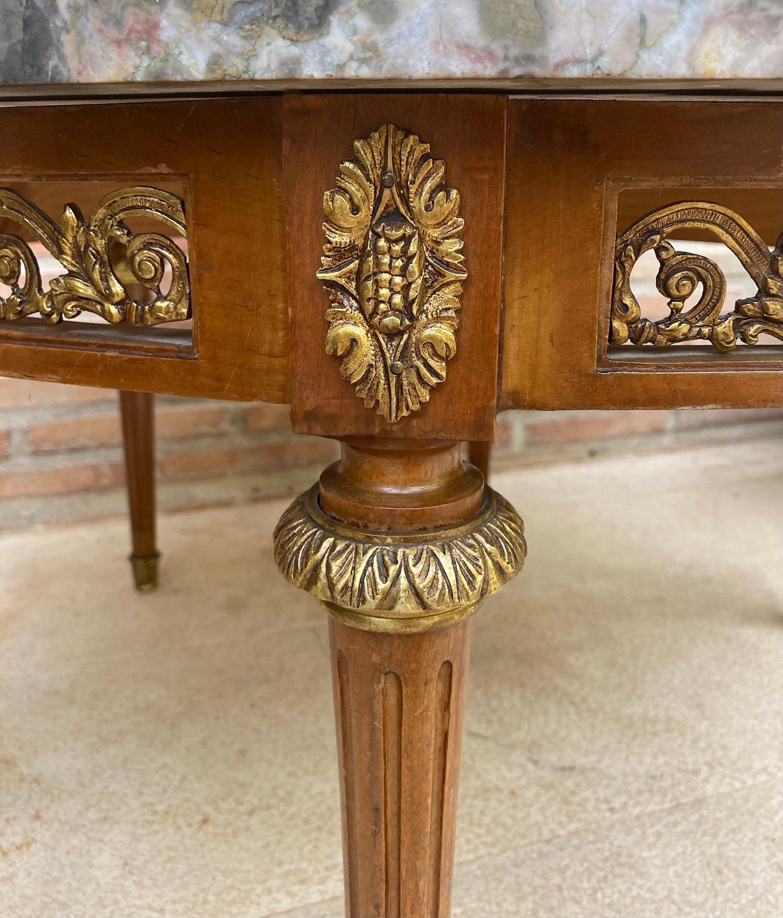 20th Century French Louis XVI Style Bronze, Round Marble & Oak Table For Sale 4