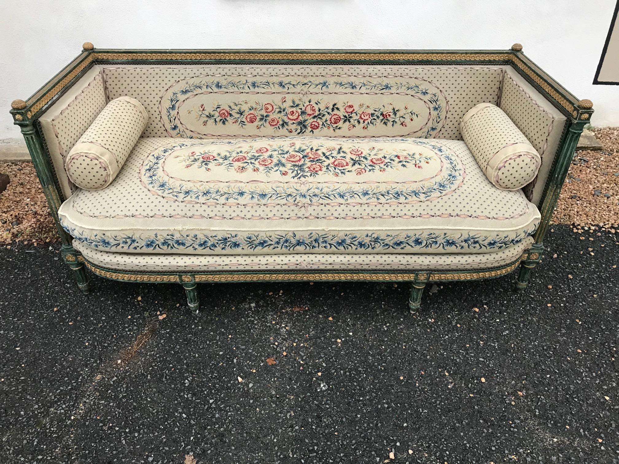 Beautiful 20th century French Louis XVI style canapé.
Large cushion on the seating but little bit damage, needs to be reupholstered.
This fabric is beautiful. Very nice green and gold patina on the wood.
Exceptional and rare piece.