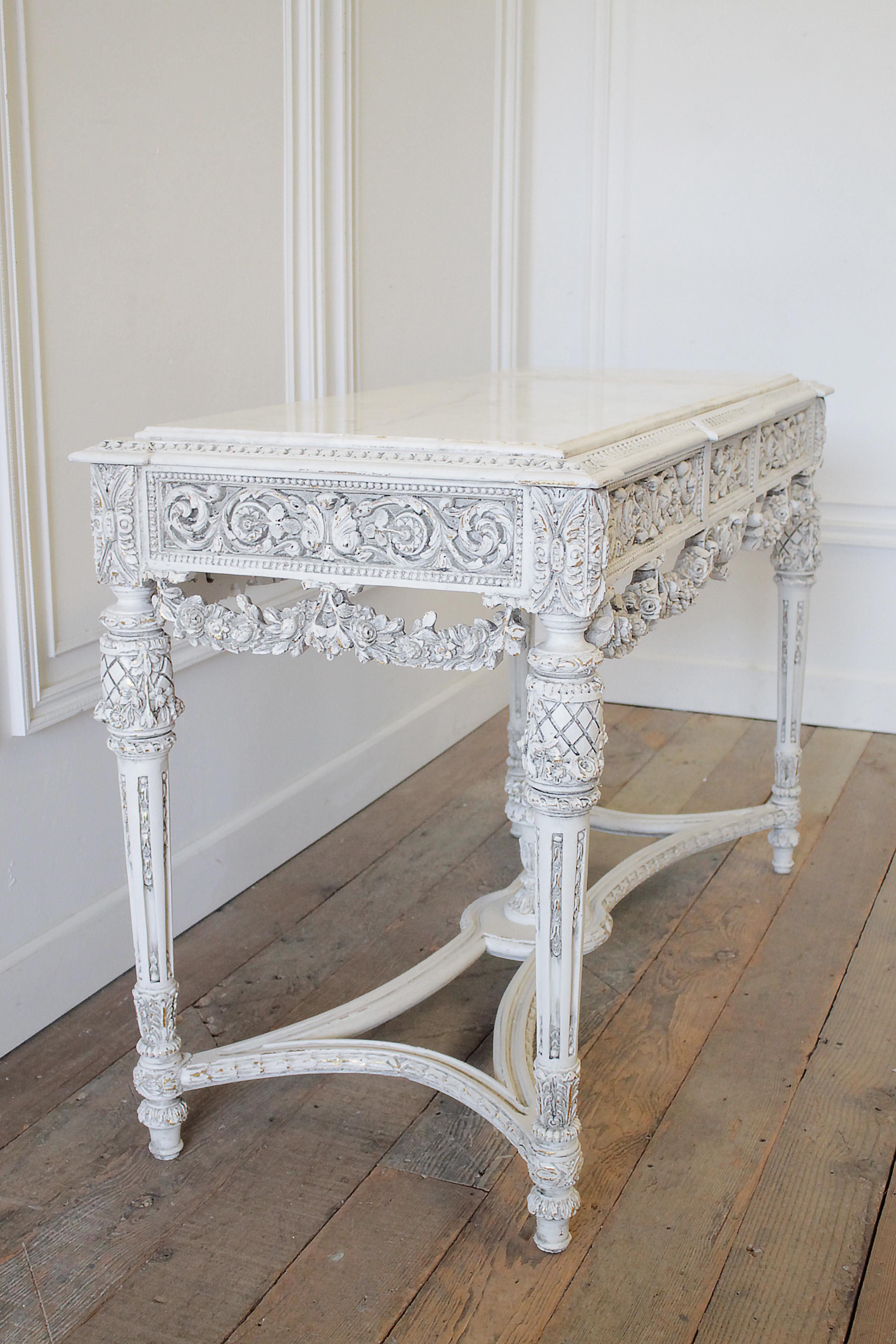 20th Century French Louis XVI Style Carved Wood and Marble Console Table 11