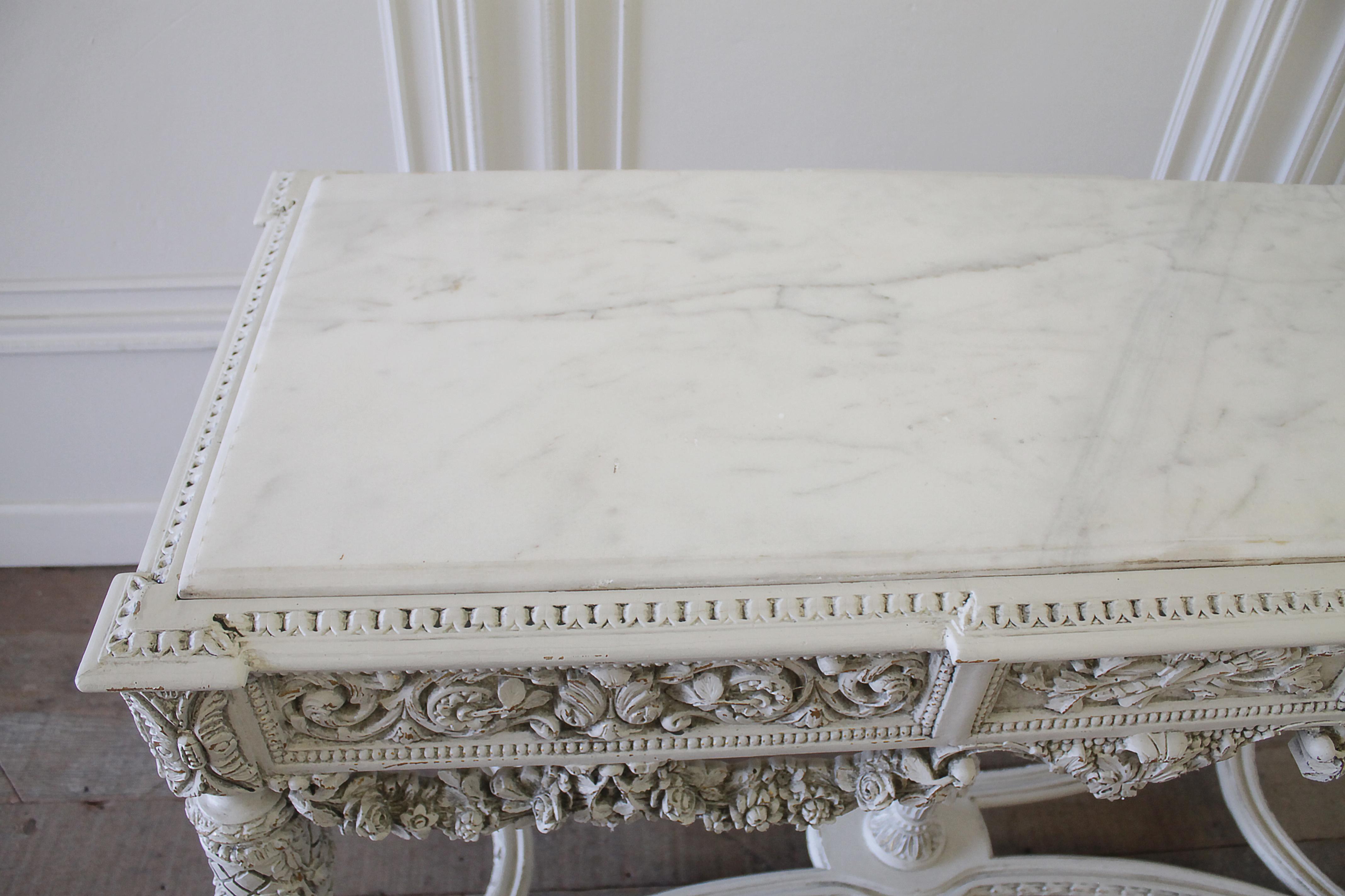 20th Century French Louis XVI Style Carved Wood and Marble Console Table In Good Condition In Brea, CA