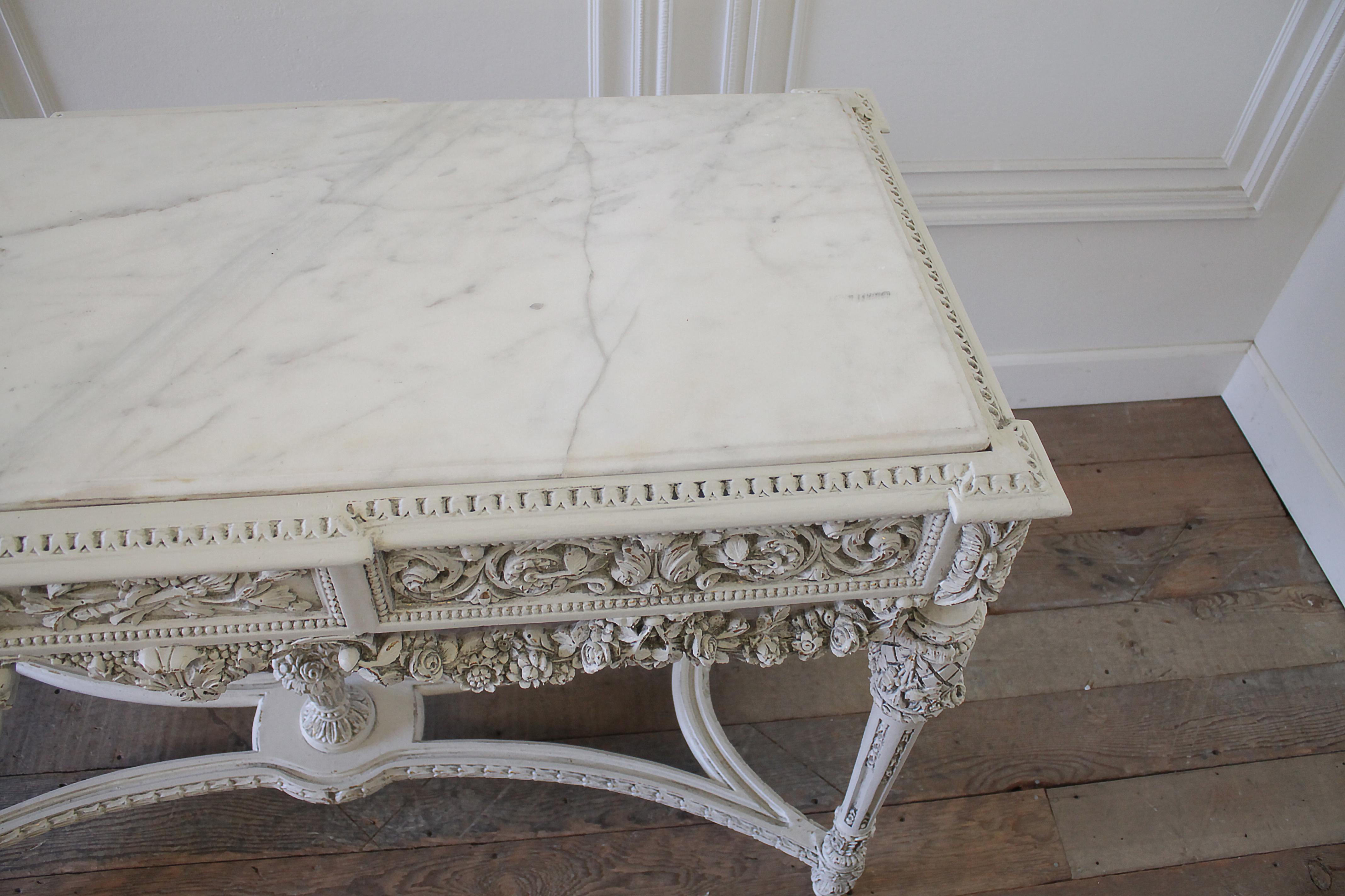 20th Century French Louis XVI Style Carved Wood and Marble Console Table 1