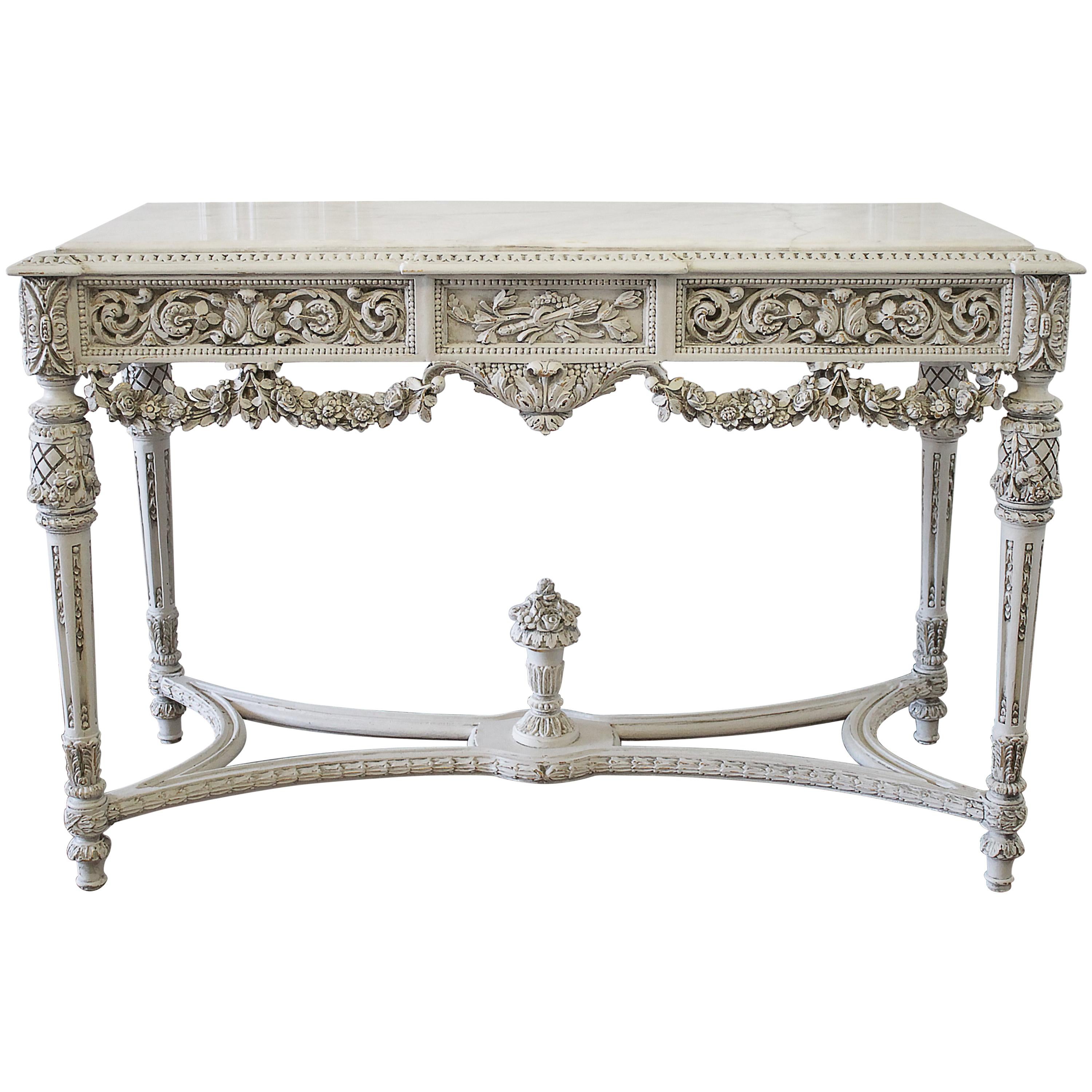 20th Century French Louis XVI Style Carved Wood and Marble Console Table
