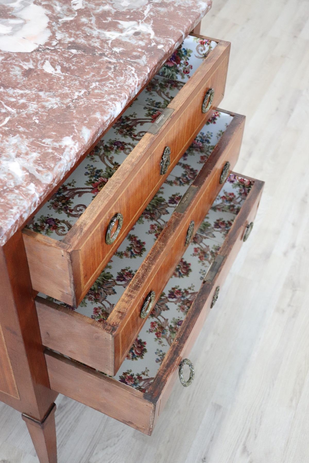 20th Century French Louis XVI Style Inlay Wood Dresser or Chest with Marble Top 4