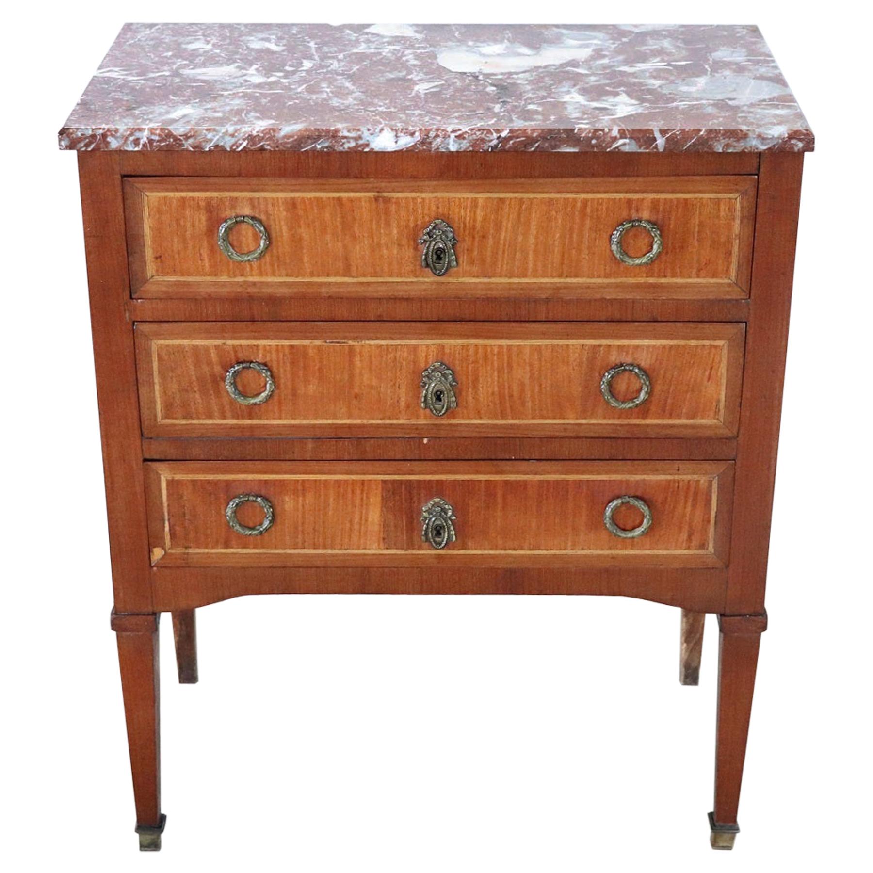 20th Century French Louis XVI Style Inlay Wood Dresser or Chest with Marble Top