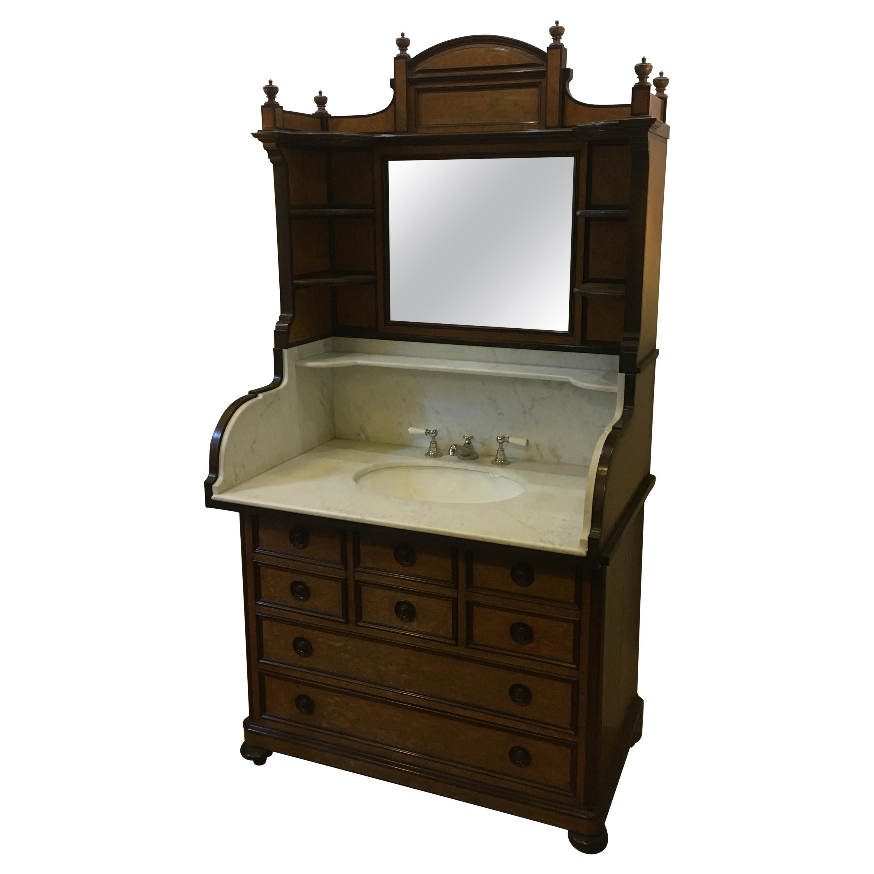 20th Century French Mahogany Briar-Root Vanity with Drawers and Carrara Marble
