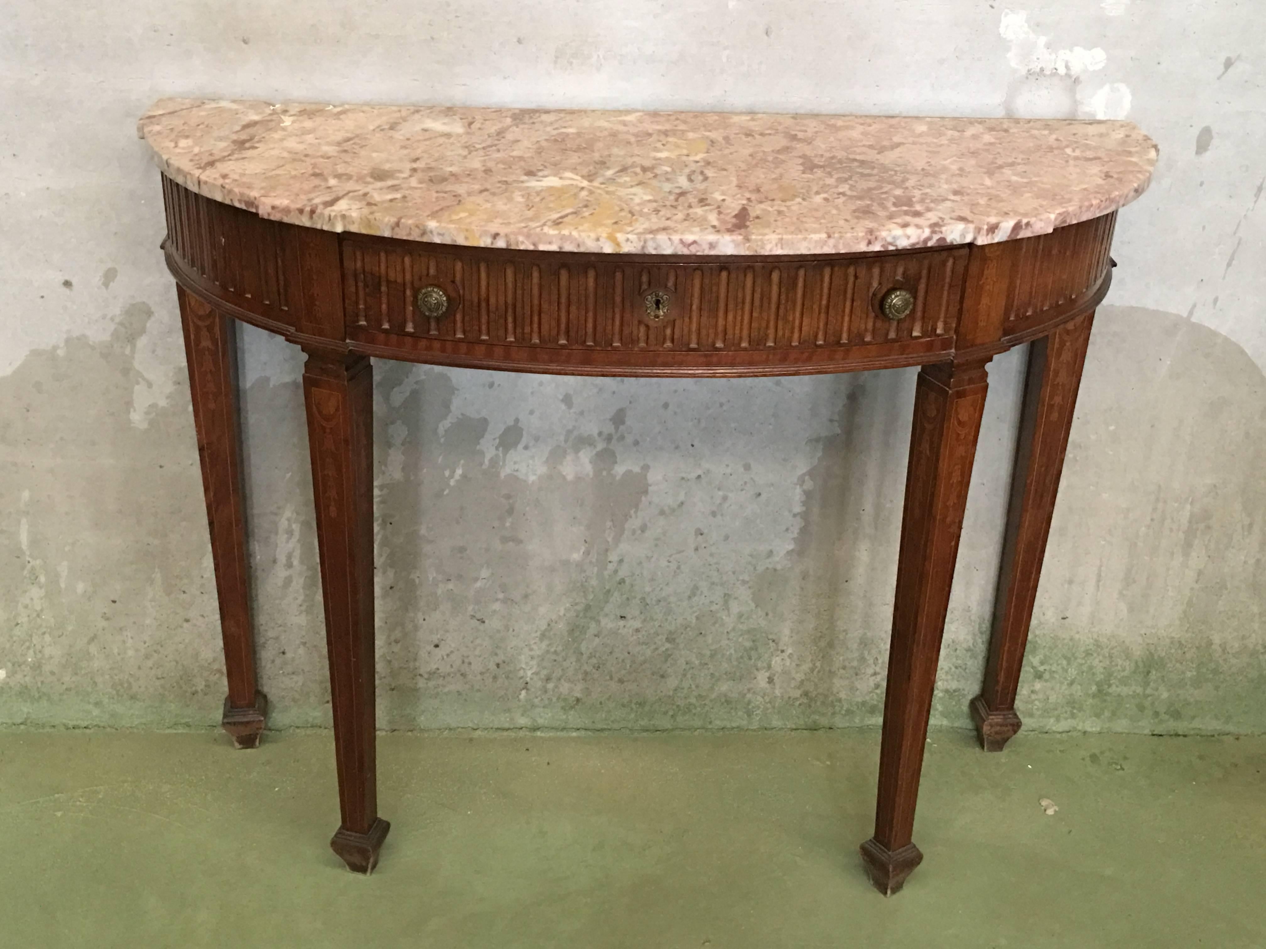 Elegant early 19th century French walnut console table with drawer.