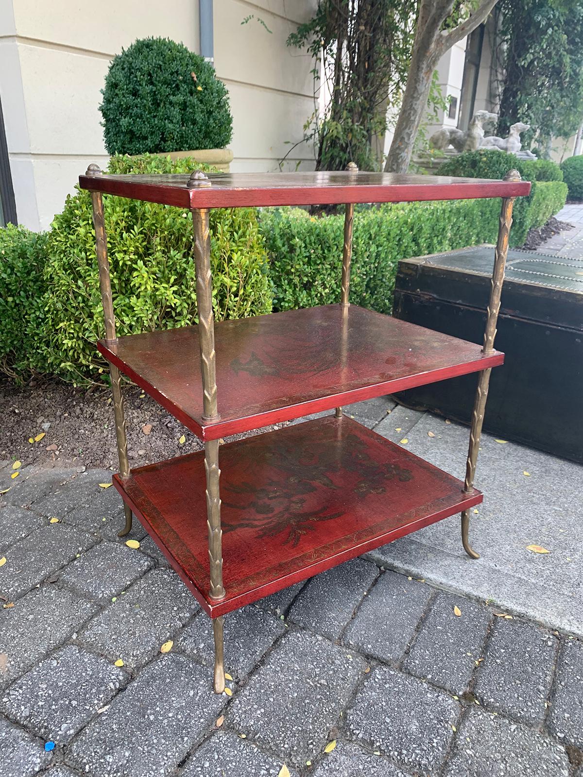 20th Century French Maison Jansen Style Bronze and Red Chinoiserie Side Table In Good Condition In Atlanta, GA