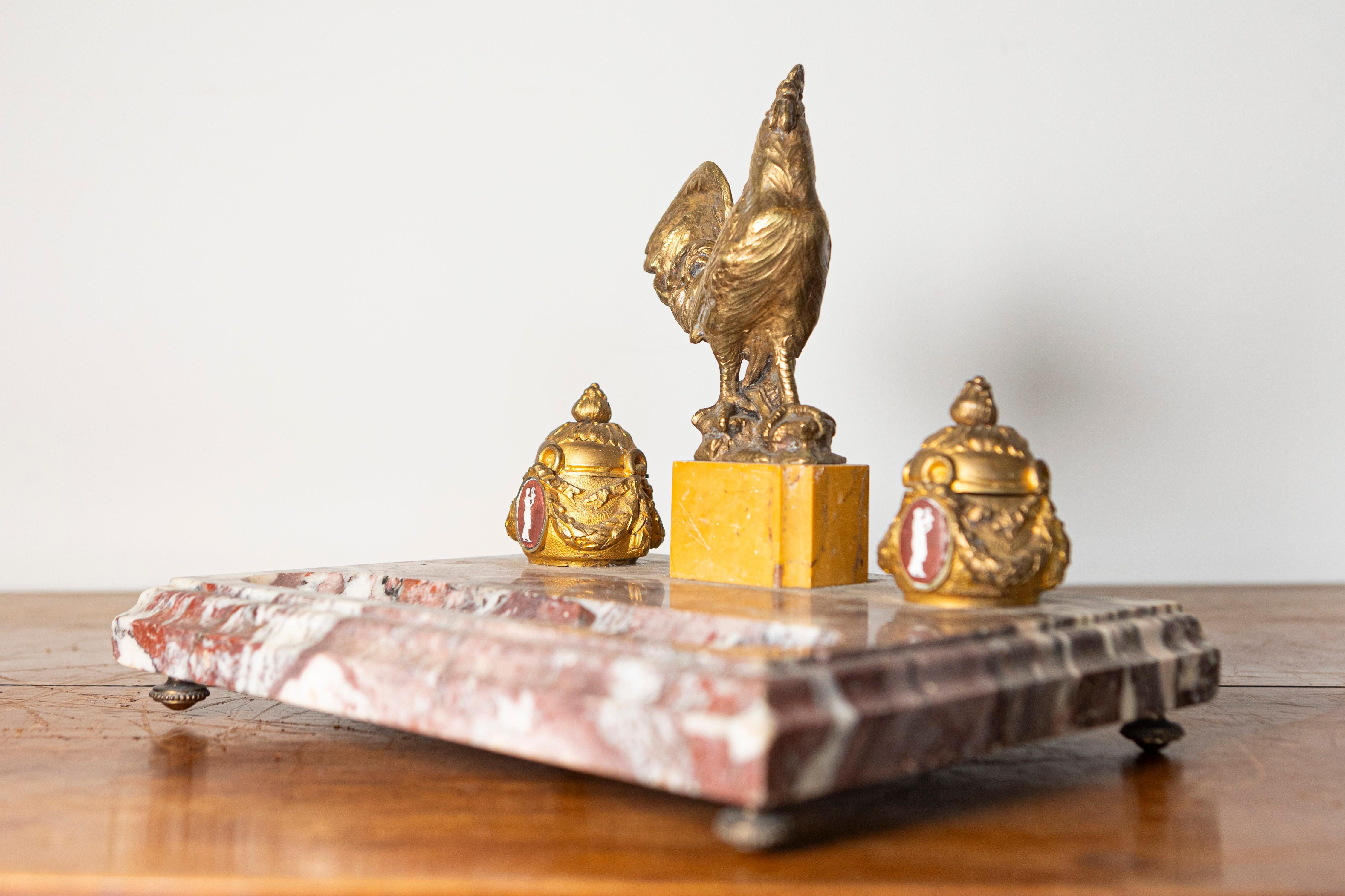 20th Century French Marble and Gilt Bronze Inkwell with Rooster Motif For Sale 5