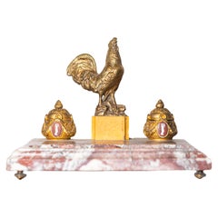 20th Century French Marble and Gilt Bronze Inkwell with Rooster Motif