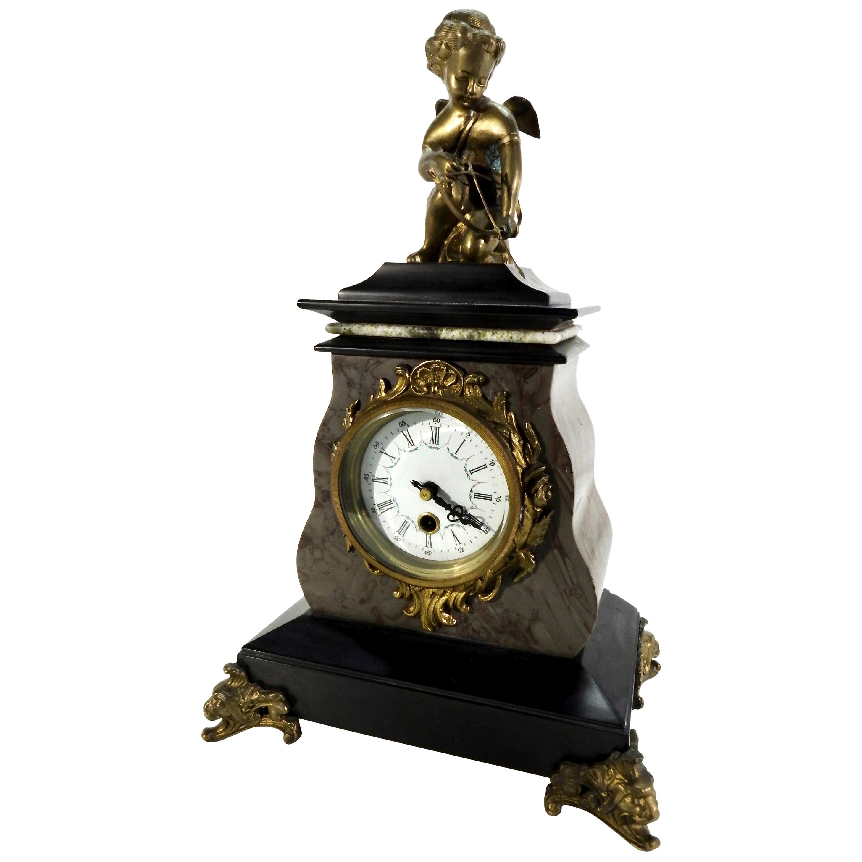 20th Century French Marble Clock with Bronze Cherub