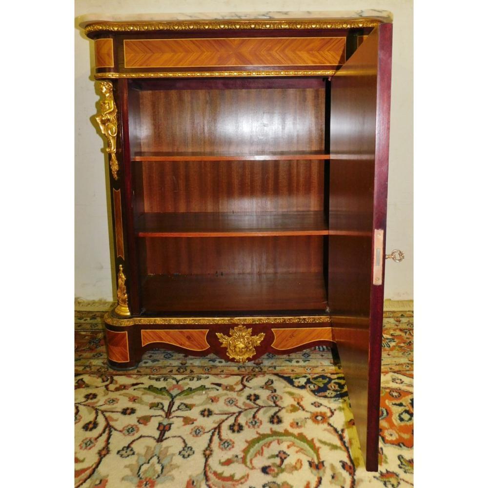European 20th Century French Marquetry Inlaid Marble-Top Cabinet For Sale