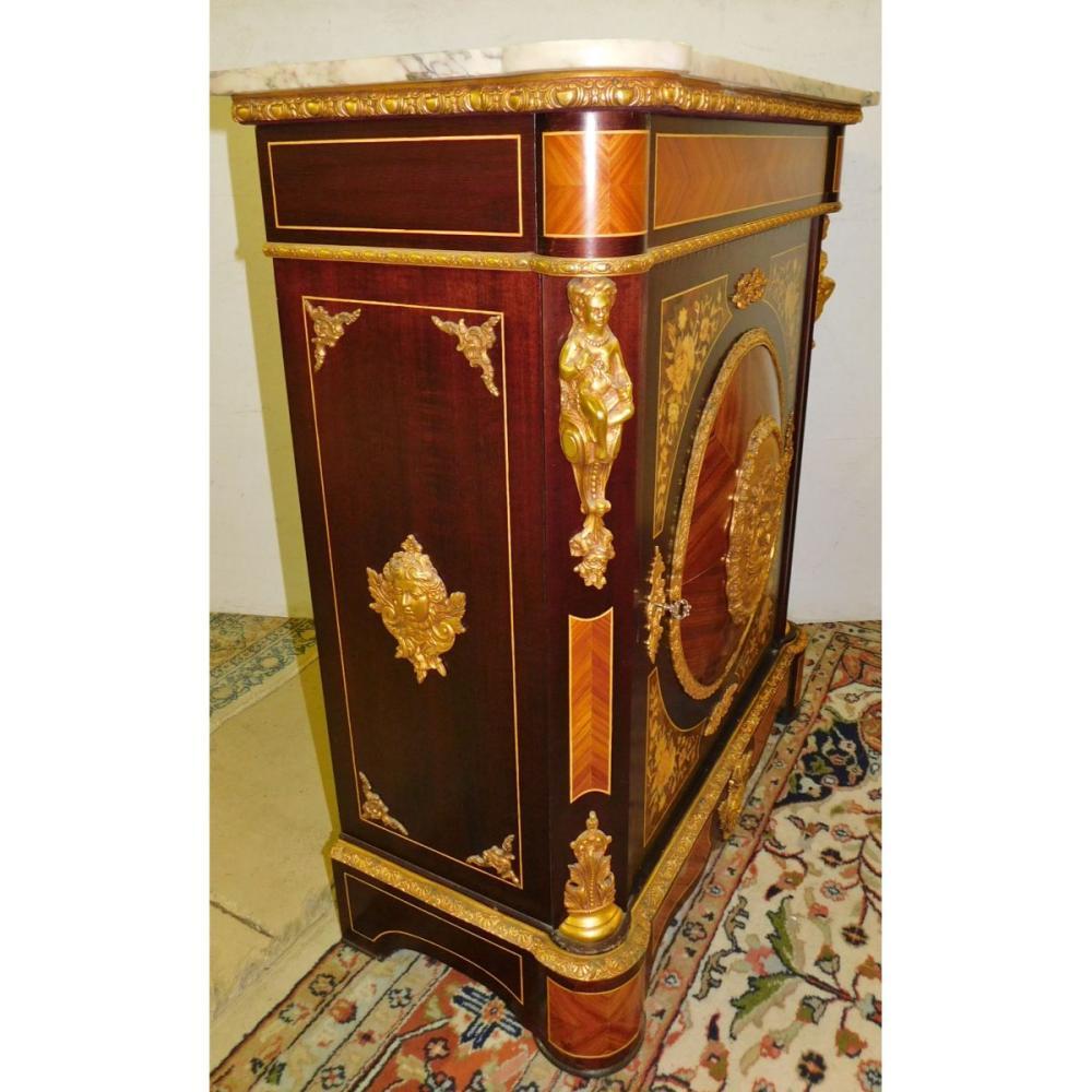 Inlay 20th Century French Marquetry Inlaid Marble-Top Cabinet For Sale