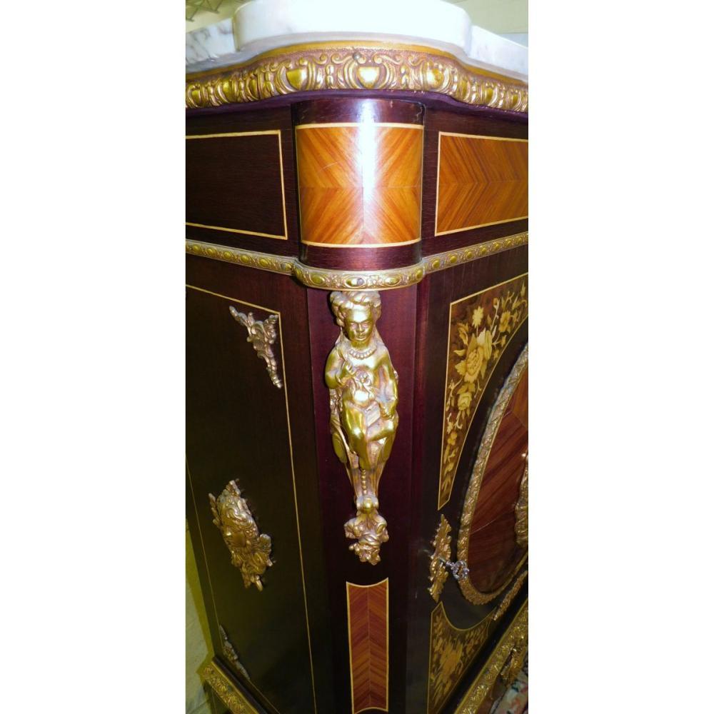 20th Century French Marquetry Inlaid Marble-Top Cabinet In Excellent Condition For Sale In Washington Crossing, PA