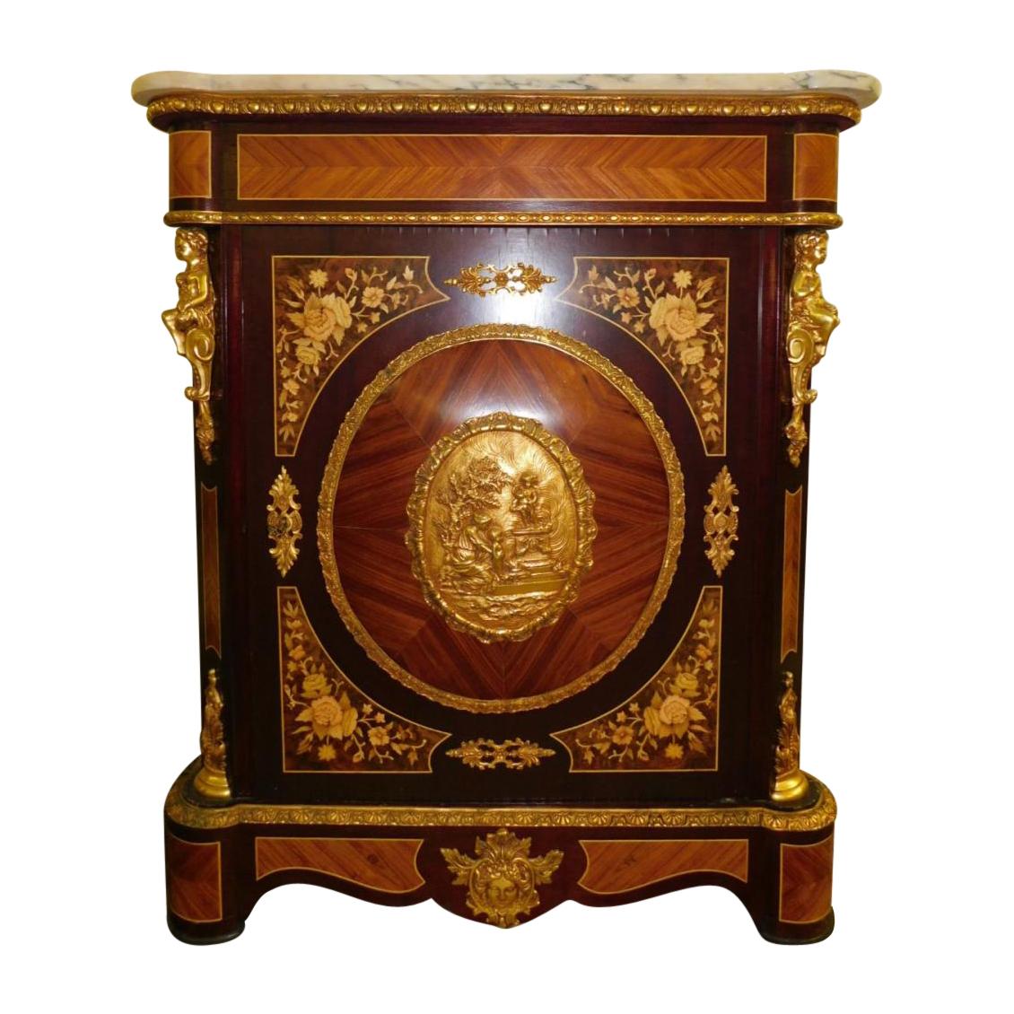 20th Century French Marquetry Inlaid Marble-Top Cabinet For Sale