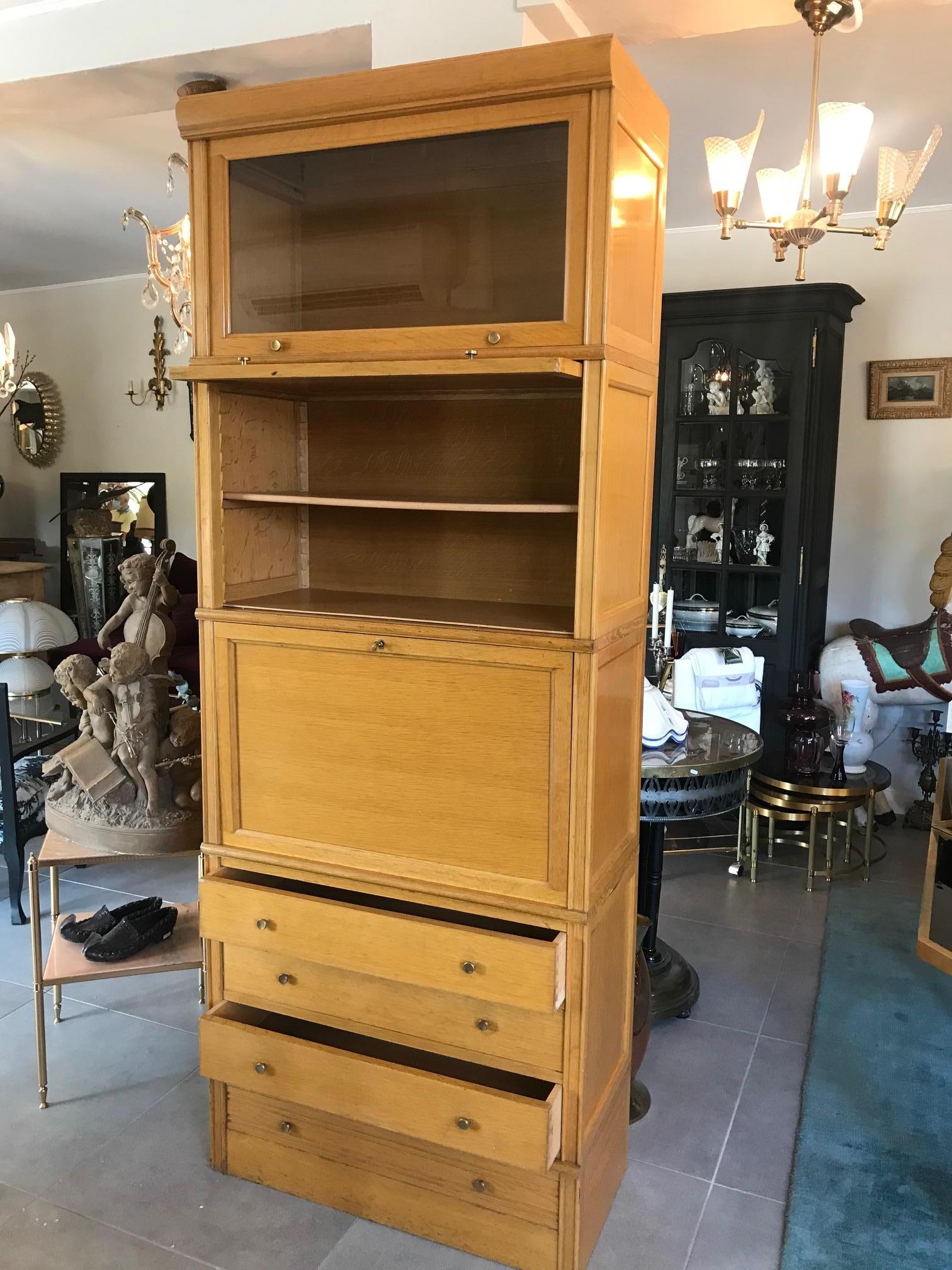 20th Century French MD Compartment Oak and Glass Secretary, Bookcase, 1960s In Good Condition In LEGNY, FR