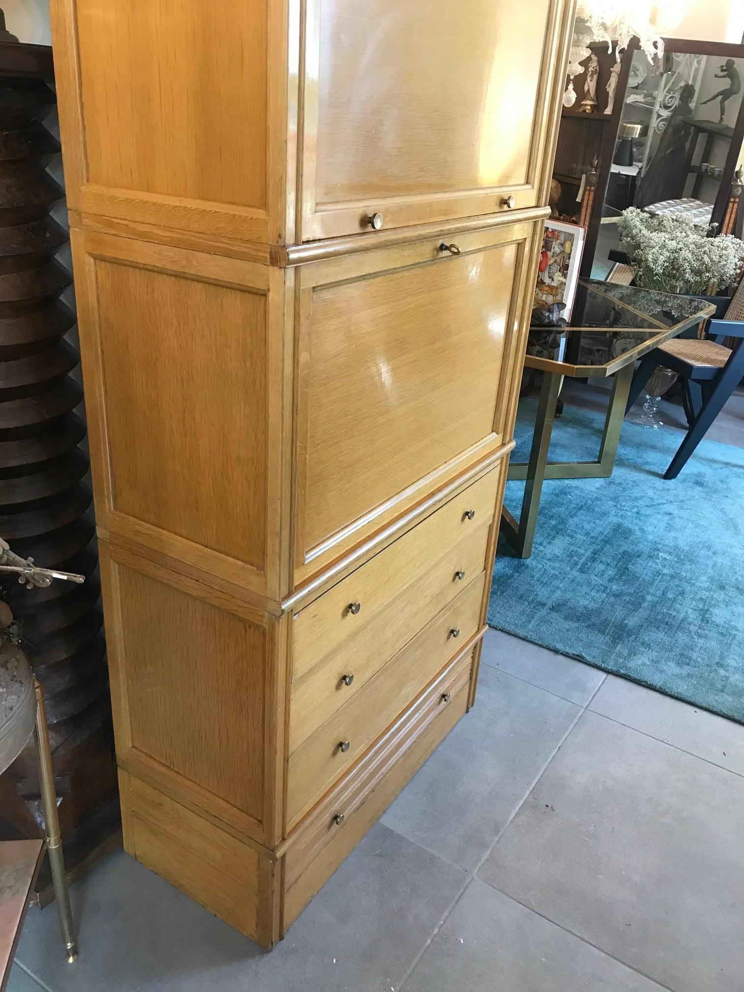 20th Century French MD Compartment Oak and Glass Secretary, Bookcase, 1960s 3