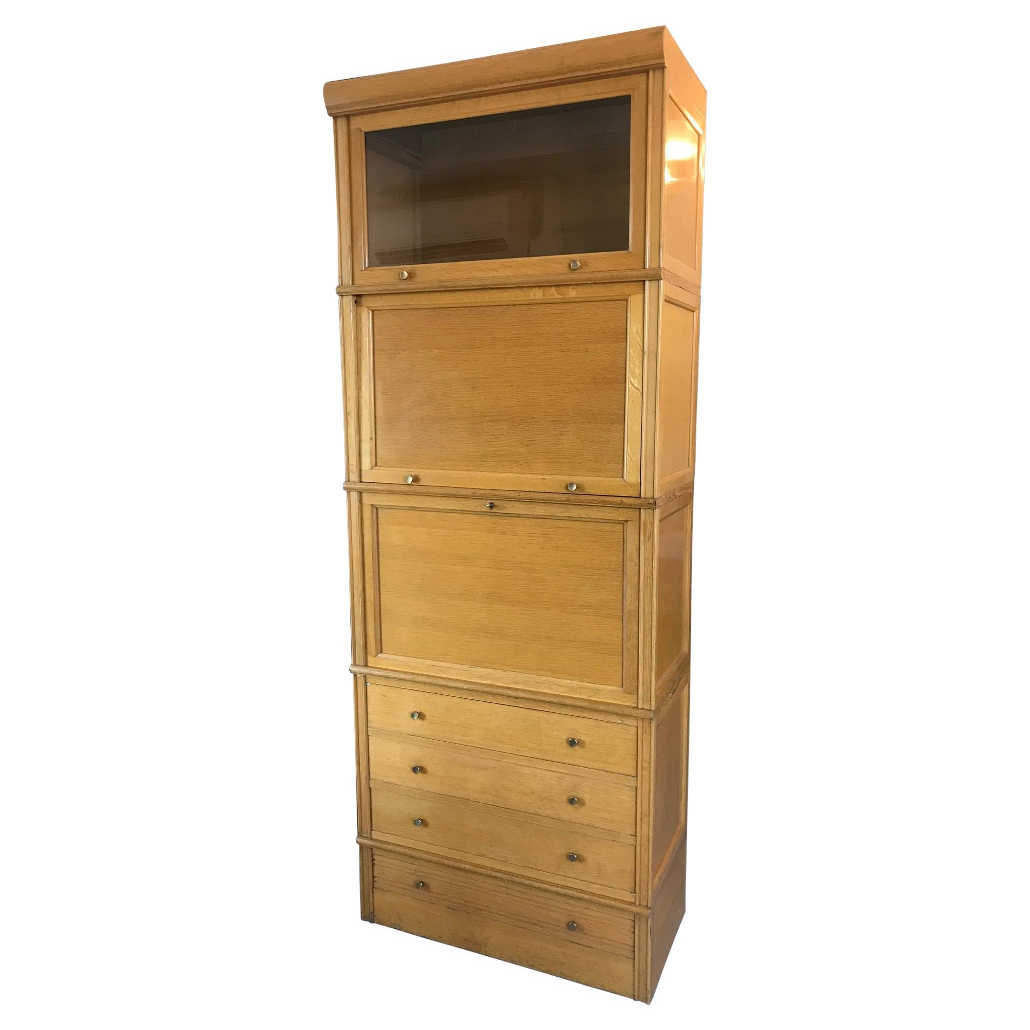 20th Century French MD Compartment Oak and Glass Secretary, Bookcase, 1960s