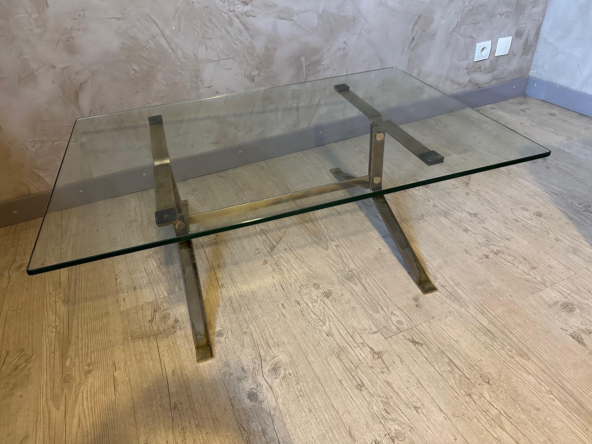 Late 20th Century 20th century French Metal and Glass Coffee Table, 1970s For Sale