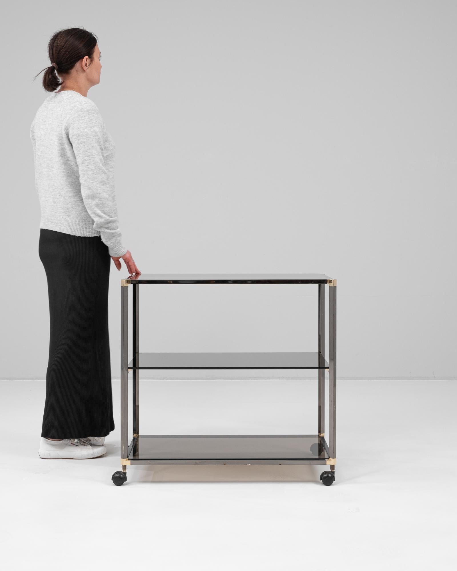 Français 20th Century French Metal Bar Cart With Glass Top On Wheels en vente