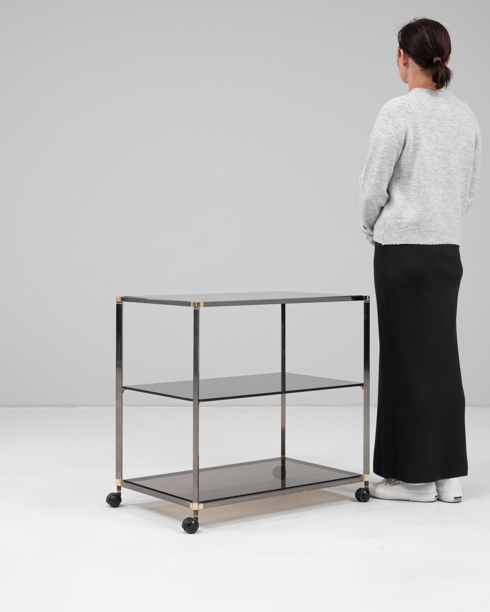 20ième siècle 20th Century French Metal Bar Cart With Glass Top On Wheels en vente