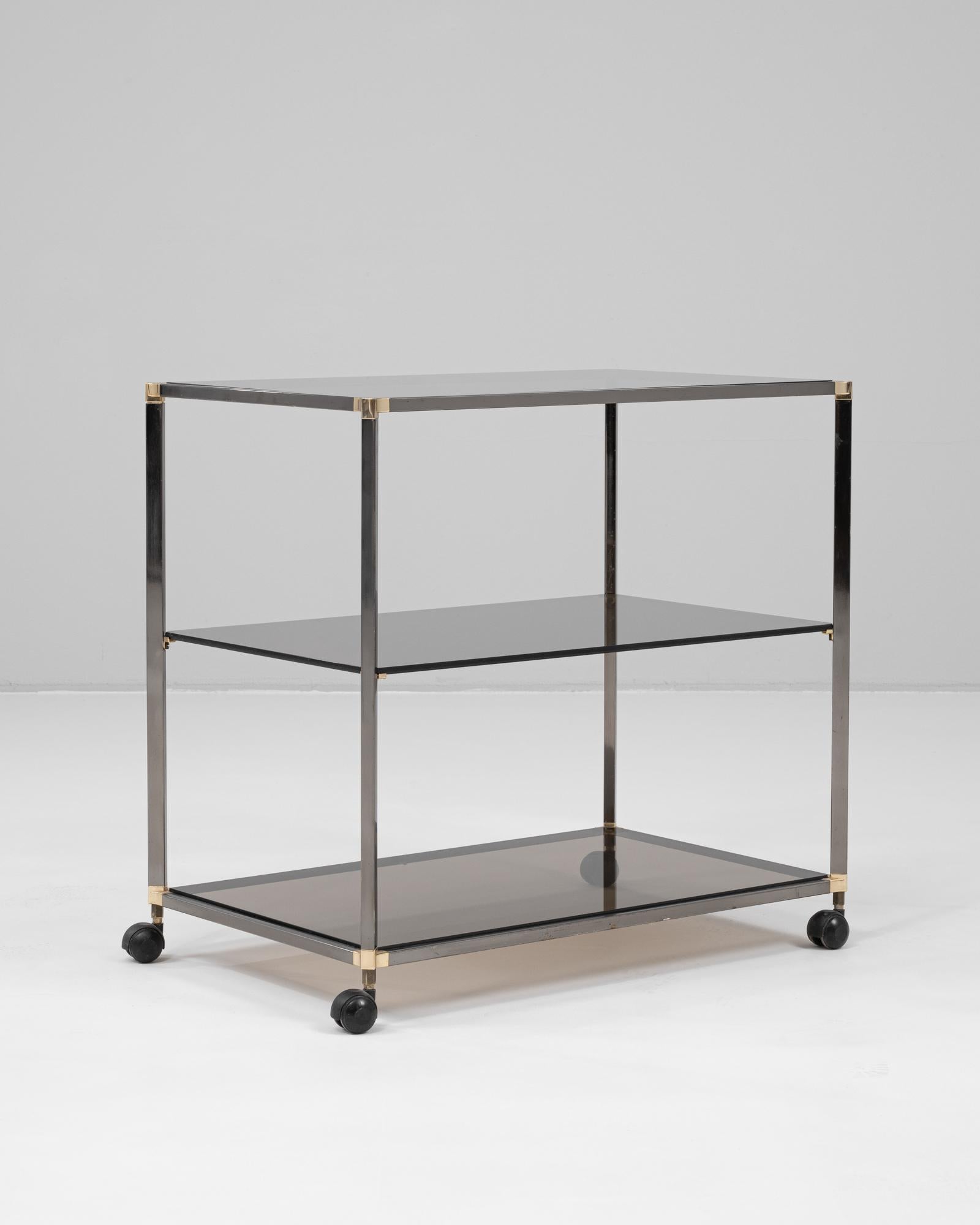 Métal 20th Century French Metal Bar Cart With Glass Top On Wheels en vente