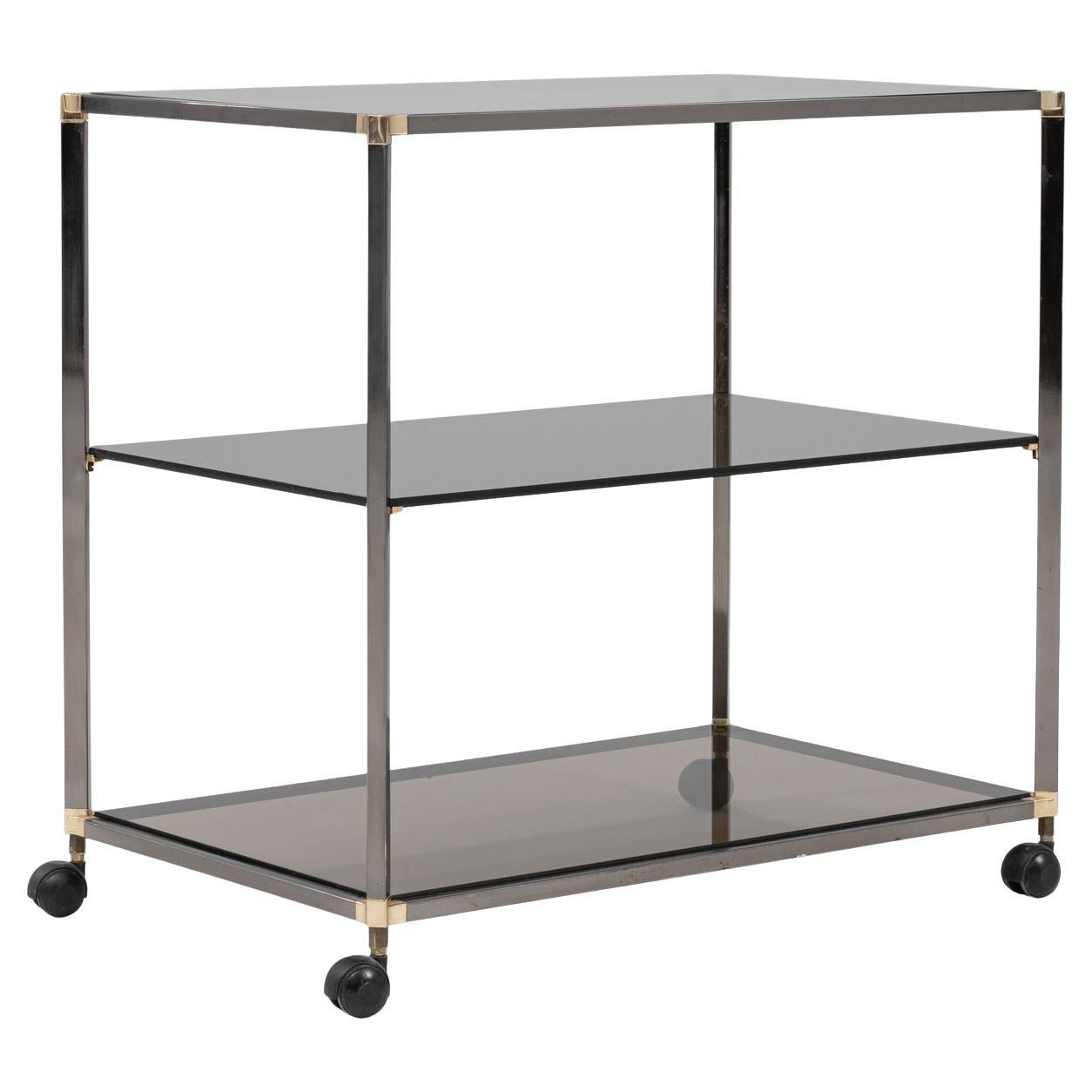 20th Century French Metal Bar Cart With Glass Top On Wheels