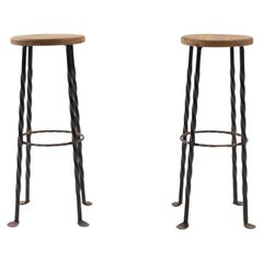 20th Century French Metal Bar Stools with Wooden Seats, a Pair 20th Century French Metal Bar Stools with Wooden Seats, a Pair