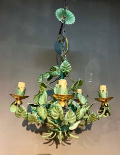 20th Century French Metal Chandelier With Green Leaves and Five Arms