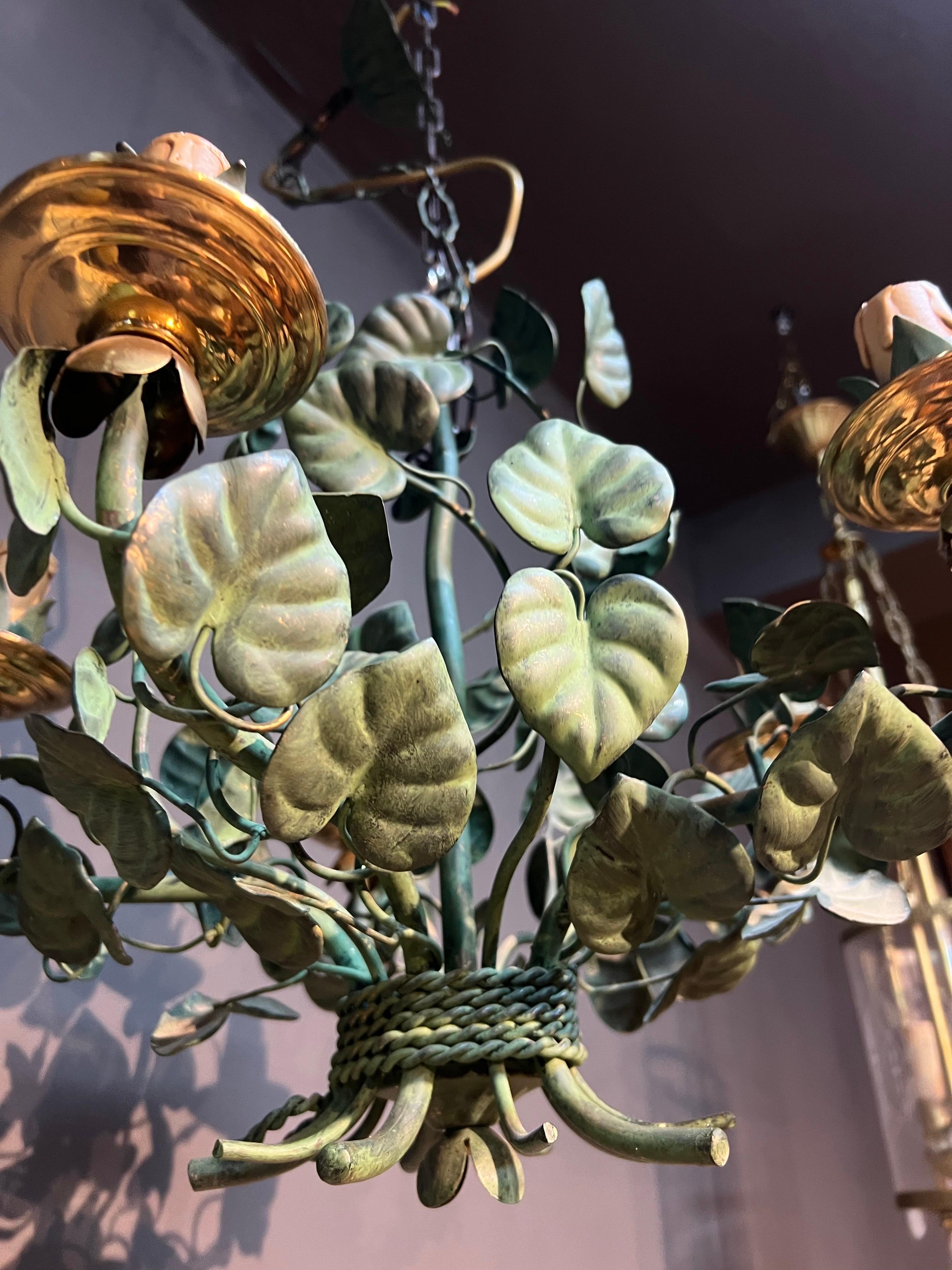 20th Century French Metal Chandelier With Green Leaves and Five Arms In Good Condition For Sale In Sofia, BG