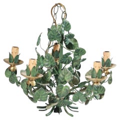 20th Century French Metal Chandelier With Green Leaves and Five Arms