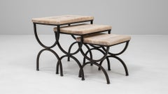 20th Century French Metal Nesting Tables With Wooden Tops, Set of 3