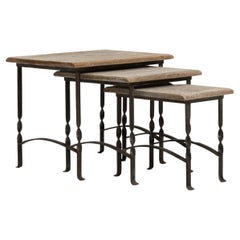 20th Century French Metal Nesting Tables With Wooden Tops, Set of 3