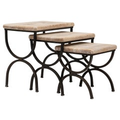 20th Century French Metal Nesting Tables With Wooden Tops, Set of 3