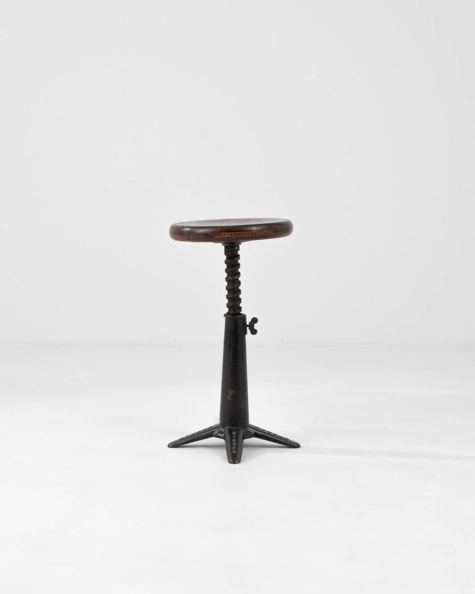 20th Century French Metal Swivel Stool With Wooden Seat 1