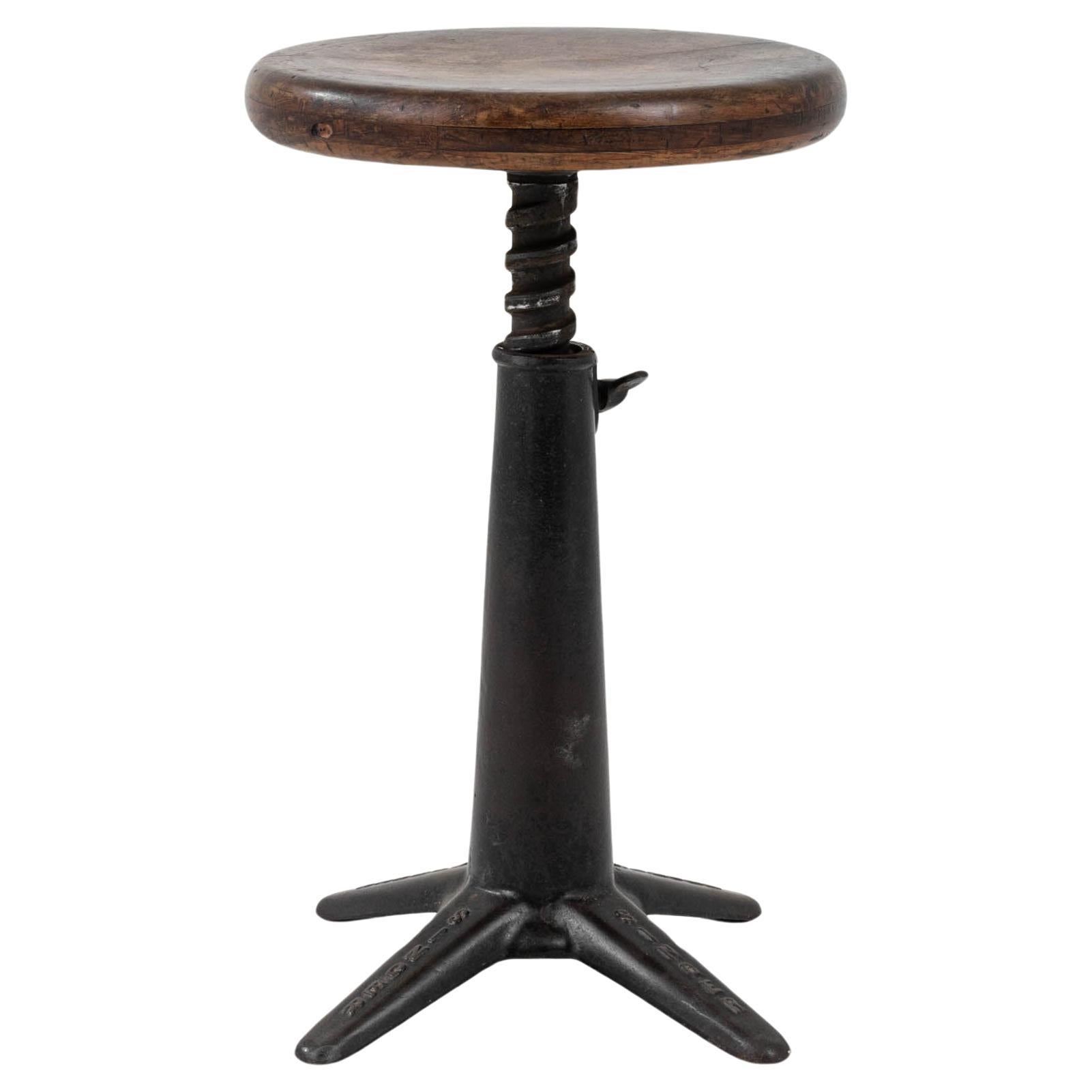 20th Century French Metal Swivel Stool With Wooden Seat