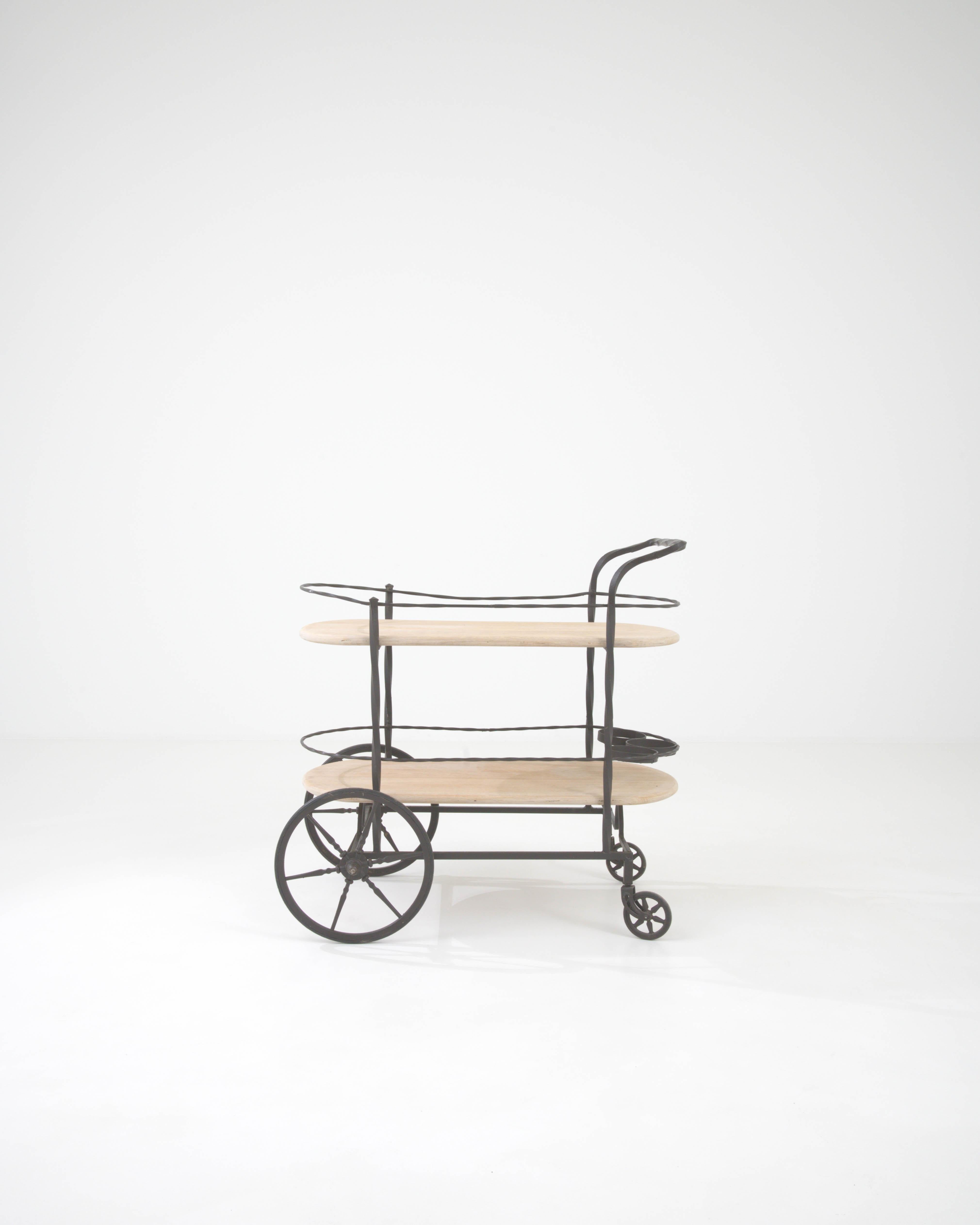 20th Century French Metal & Wooden Bar Cart On Wheels In Good Condition In High Point, NC