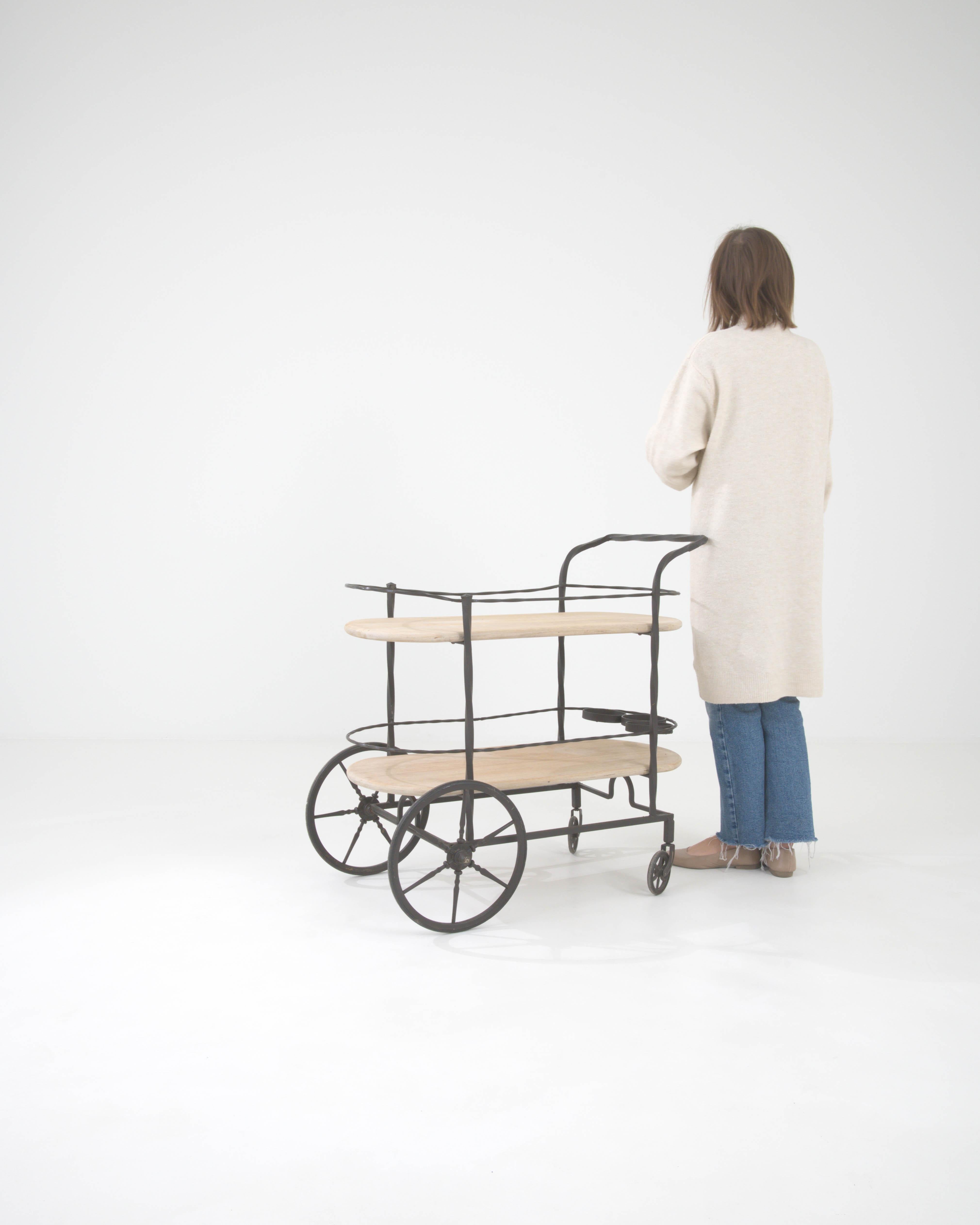 20th Century French Metal & Wooden Bar Cart On Wheels 2