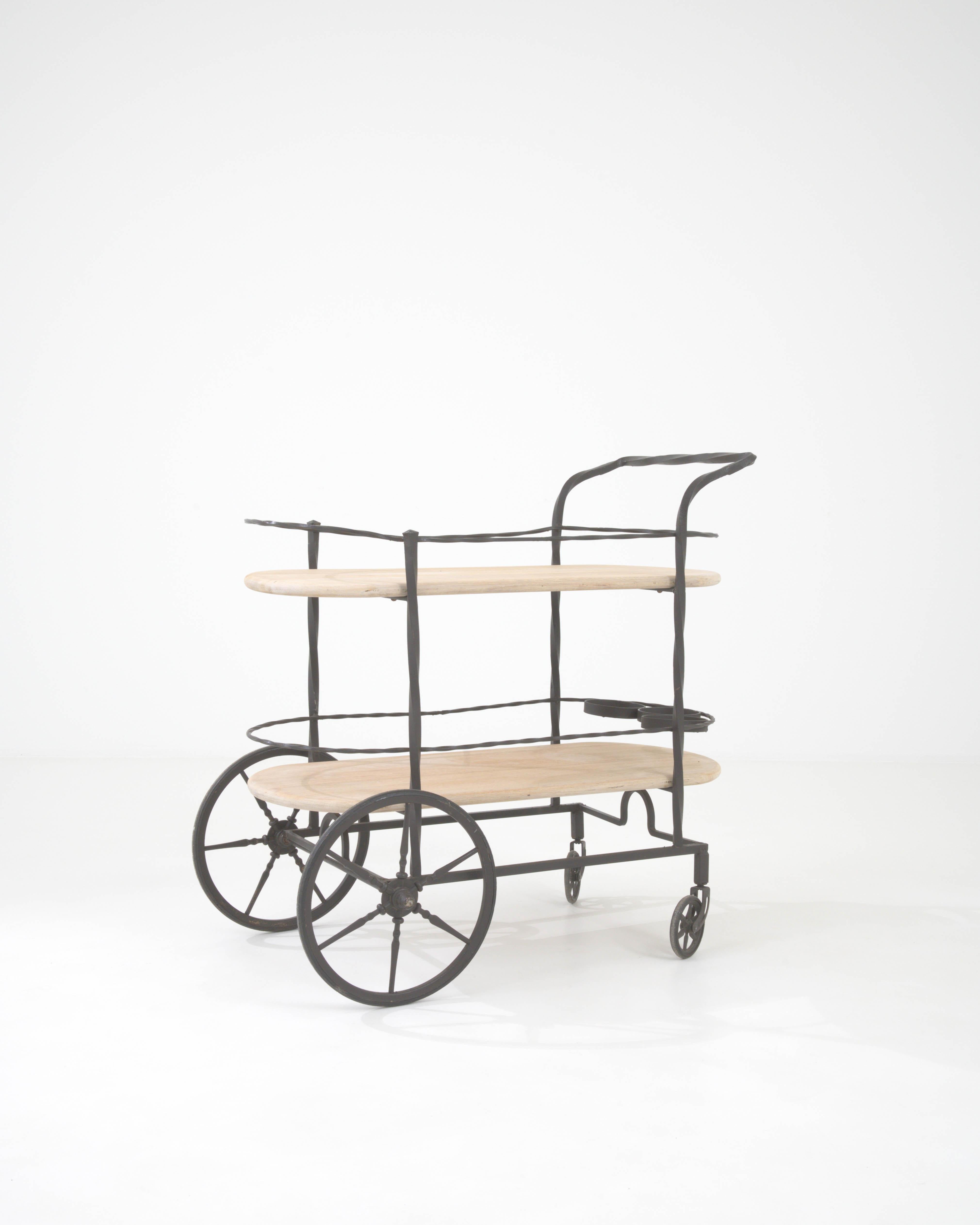 20th Century French Metal & Wooden Bar Cart On Wheels 3