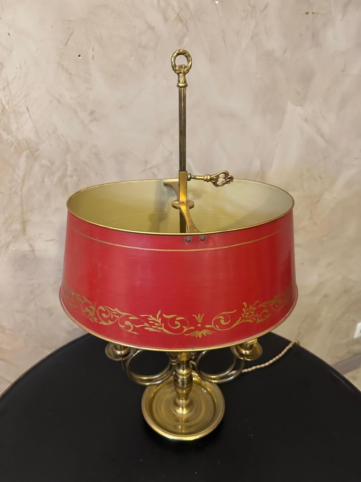 Mid-20th Century 20th century French Mid-century Brass and Hand painted Tole Shade For Sale