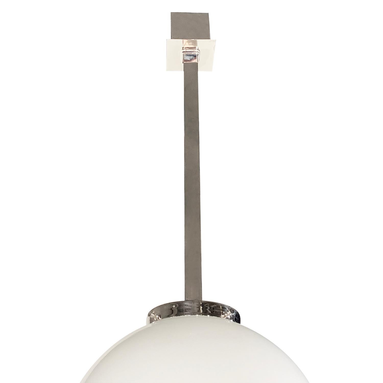 Art Deco 20th Century French Minimalist Glass Pendant, Round Nickel Ceiling Light Fixture