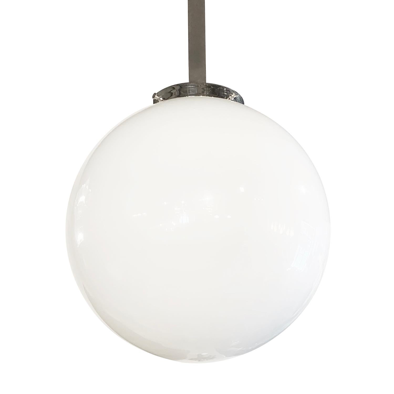 Hand-Crafted 20th Century French Minimalist Glass Pendant, Round Nickel Ceiling Light Fixture