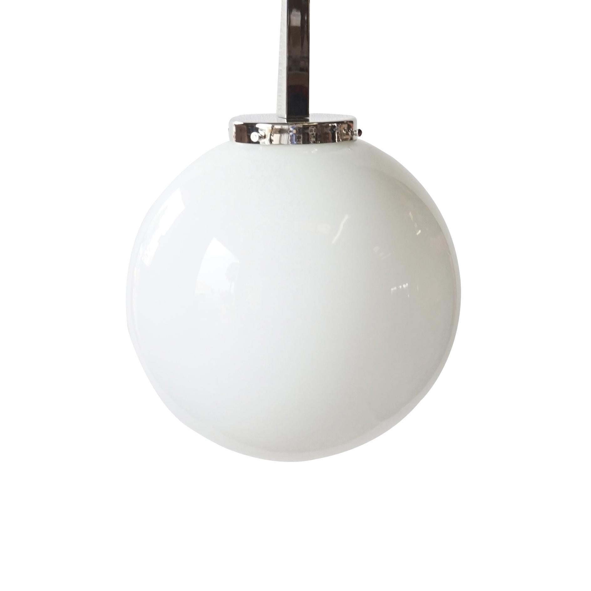 20th Century French Minimalist Glass Pendant, Round Nickel Ceiling Light Fixture In Good Condition In West Palm Beach, FL